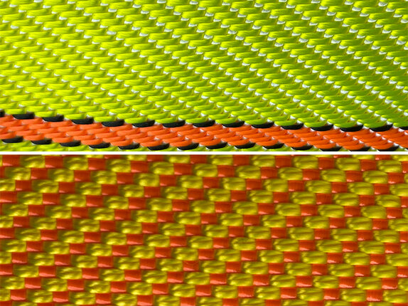 In the TITAN COMBAT NEON (top), the white weft thread is barely visible - in comparison, the orange weft thread of the TITAN 3F NEON (bottom) with a conventional construction is clearly visible. | © GH